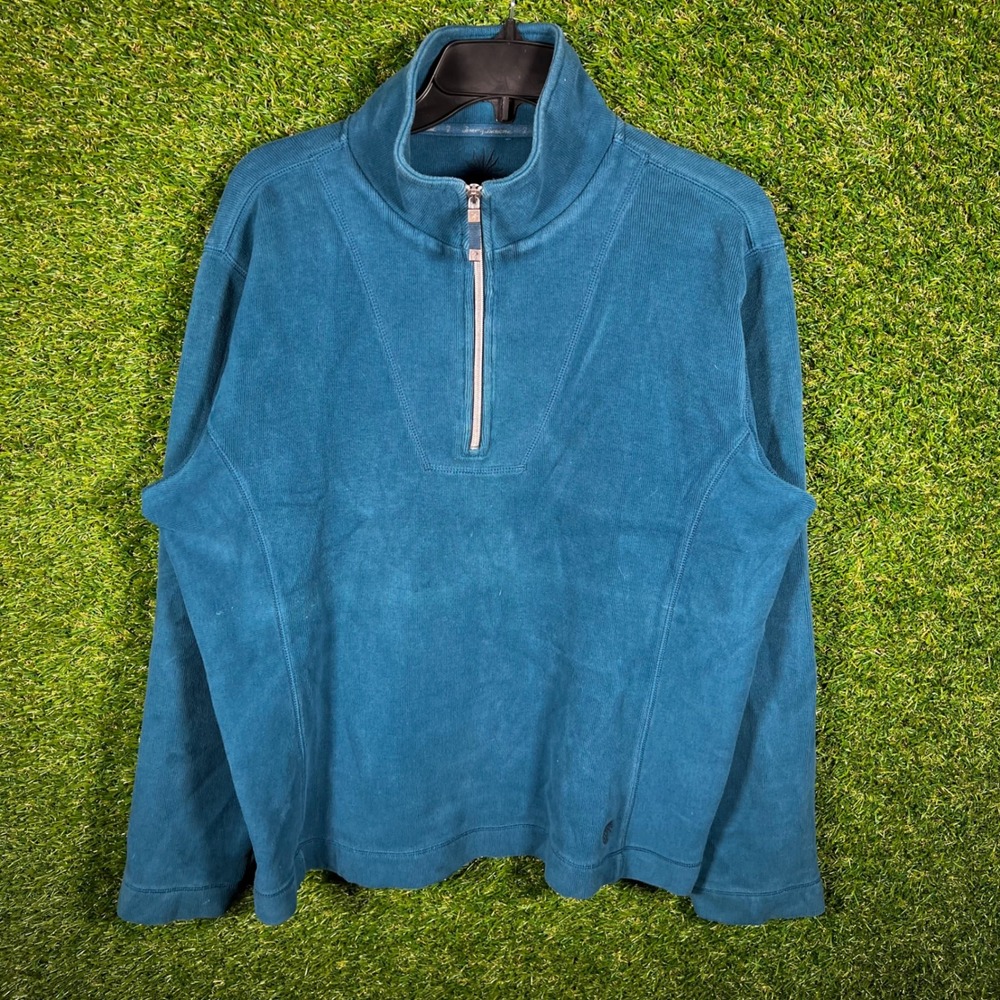 Tommy Bahama Mens‎ Large Teal Blue Ribbed Quarter Zip Pullover Sweater